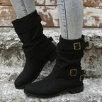 Women's Matte PU Buckle-Detailed Slouch Boots - Crushed Texture Stacked Mid-Calf Flat Boots