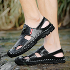 Flow Men’s Genuine Leather Summer Clogs – Breathable Closed-Toe Soft Sole Casual Beach Sandals