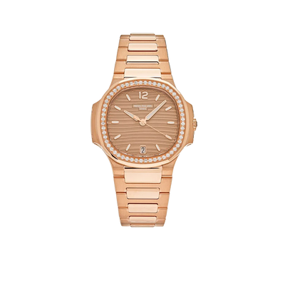 Nautilus Ladies 35mm 7118/1200R-010 Rose Gold Golden Dial Diamond Bezel
