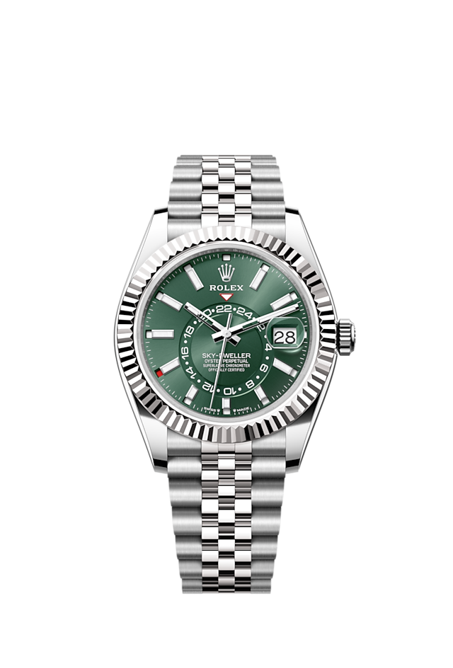 Sky-Dweller, 42mm, Oystersteel and 18k White Gold, Green, Jubilee