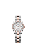 The Oyster Perpetual Lady-Datejust in Everose gold and Oystersteel features a diamond-set white mother-of-pearl dial