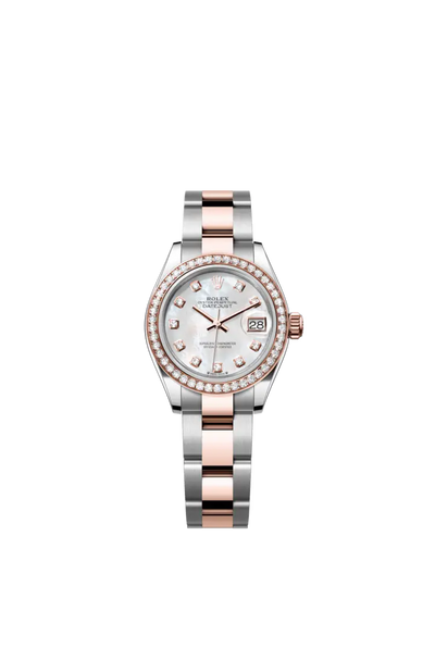 The Oyster Perpetual Lady-Datejust in Everose gold and Oystersteel features a diamond-set white mother-of-pearl dial