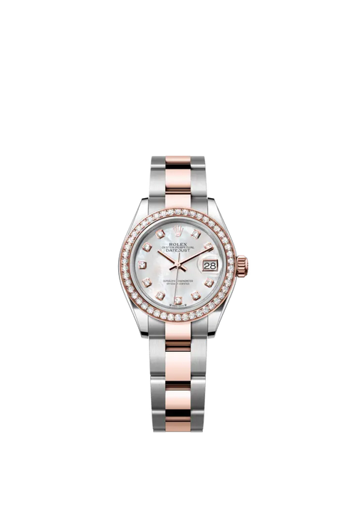 The Oyster Perpetual Lady-Datejust in Everose gold and Oystersteel features a diamond-set white mother-of-pearl dial