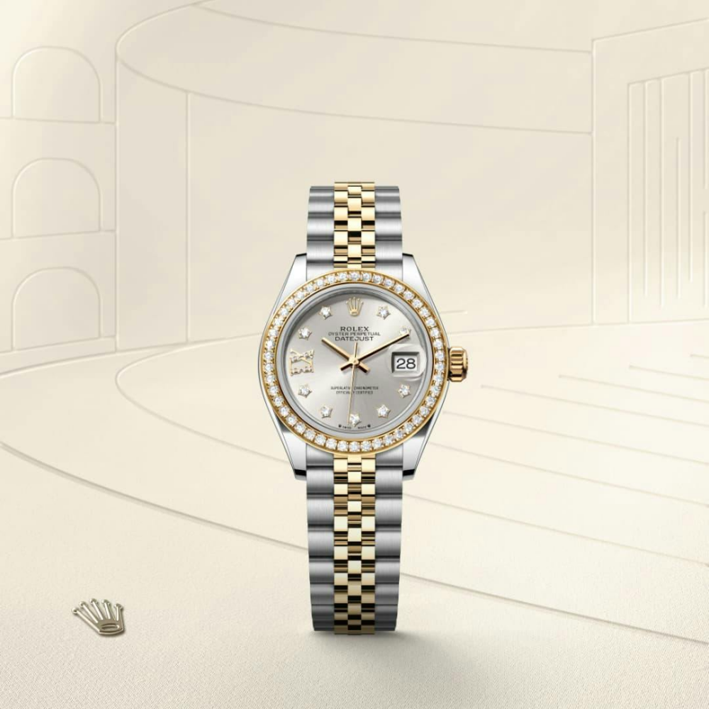 Lady-Datejust Oyster, 28 mm, Oystersteel, yellow gold and diamonds