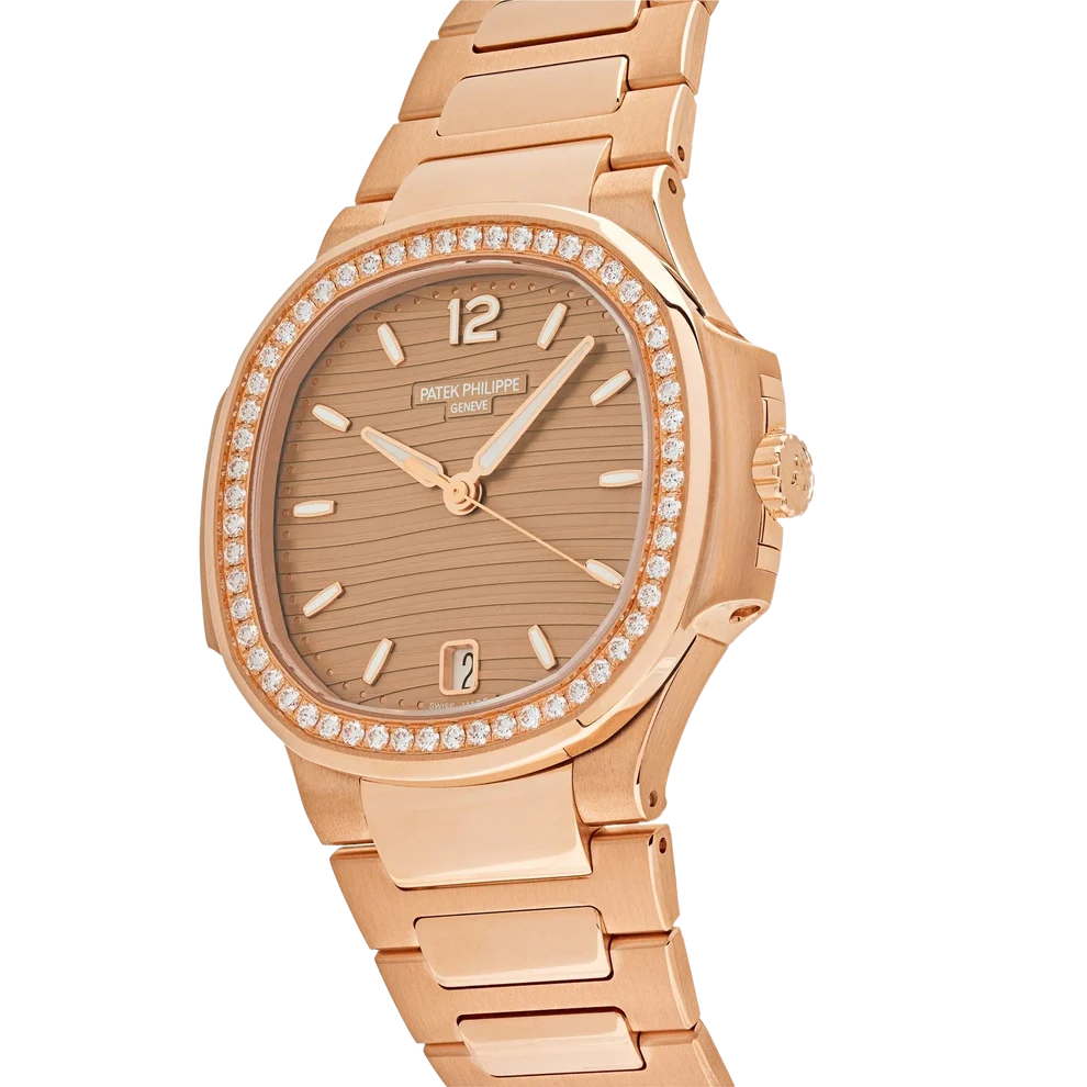 Nautilus Ladies 35mm 7118/1200R-010 Rose Gold Golden Dial Diamond Bezel