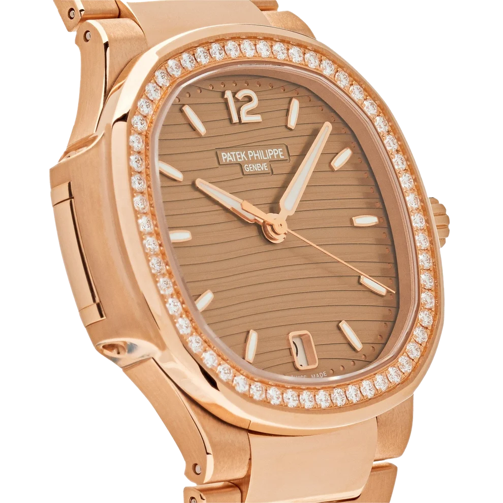 Nautilus Ladies 35mm 7118/1200R-010 Rose Gold Golden Dial Diamond Bezel