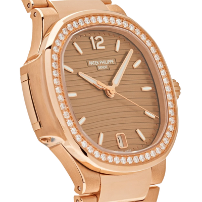 Nautilus Ladies 35mm 7118/1200R-010 Rose Gold Golden Dial Diamond Bezel