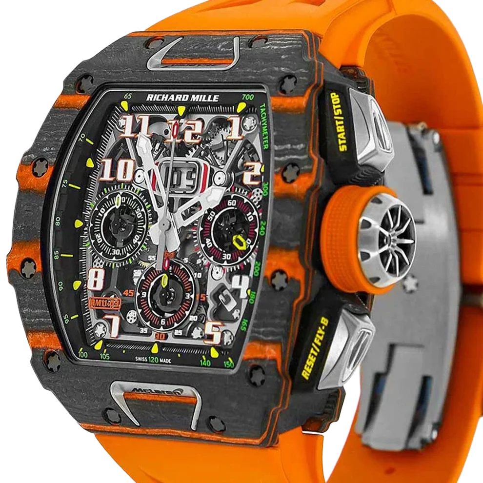 RM 11-03 McLaren Carbon TPT, Skeleton Dial, Orange Strap, 50 mm