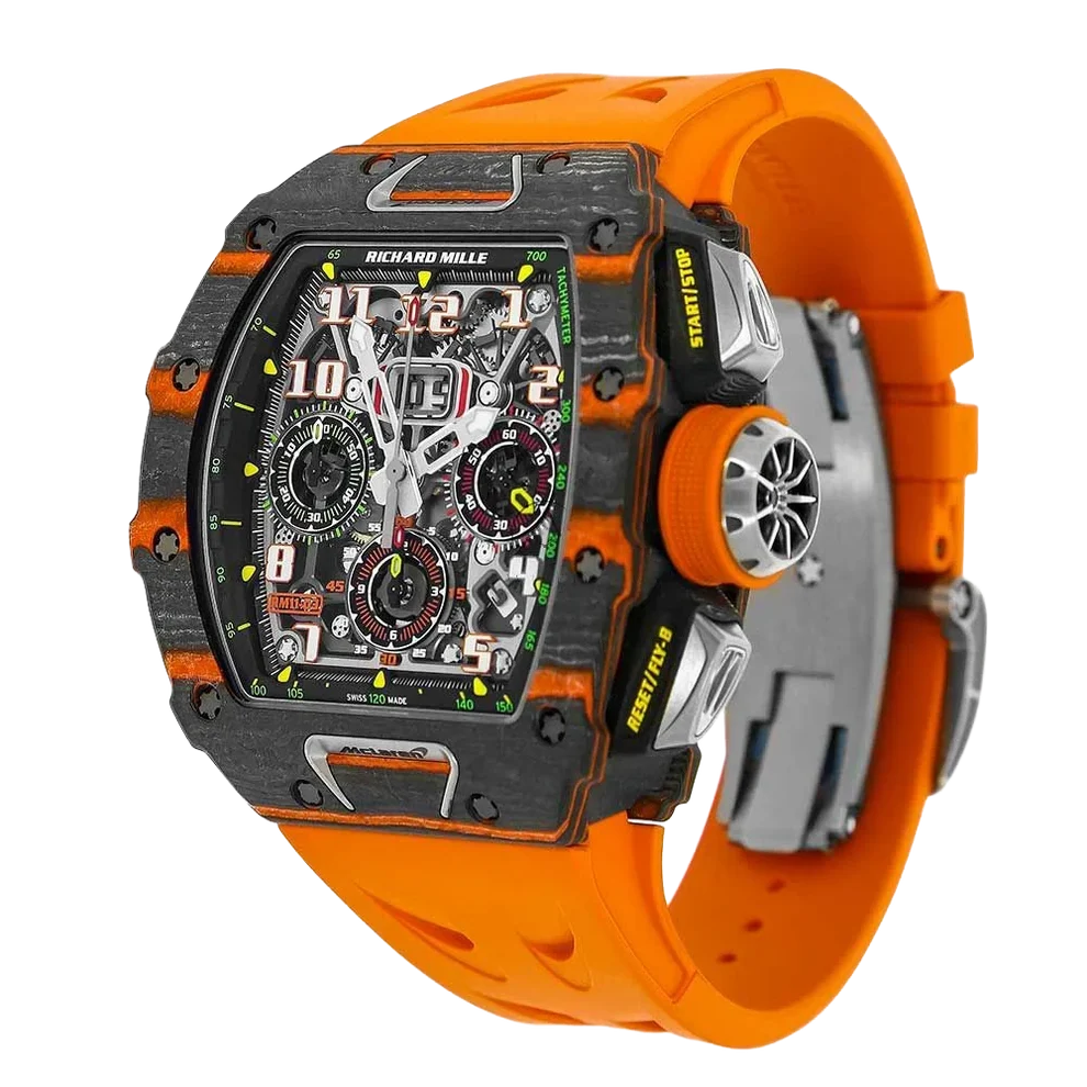 RM 11-03 McLaren Carbon TPT, Skeleton Dial, Orange Strap, 50 mm