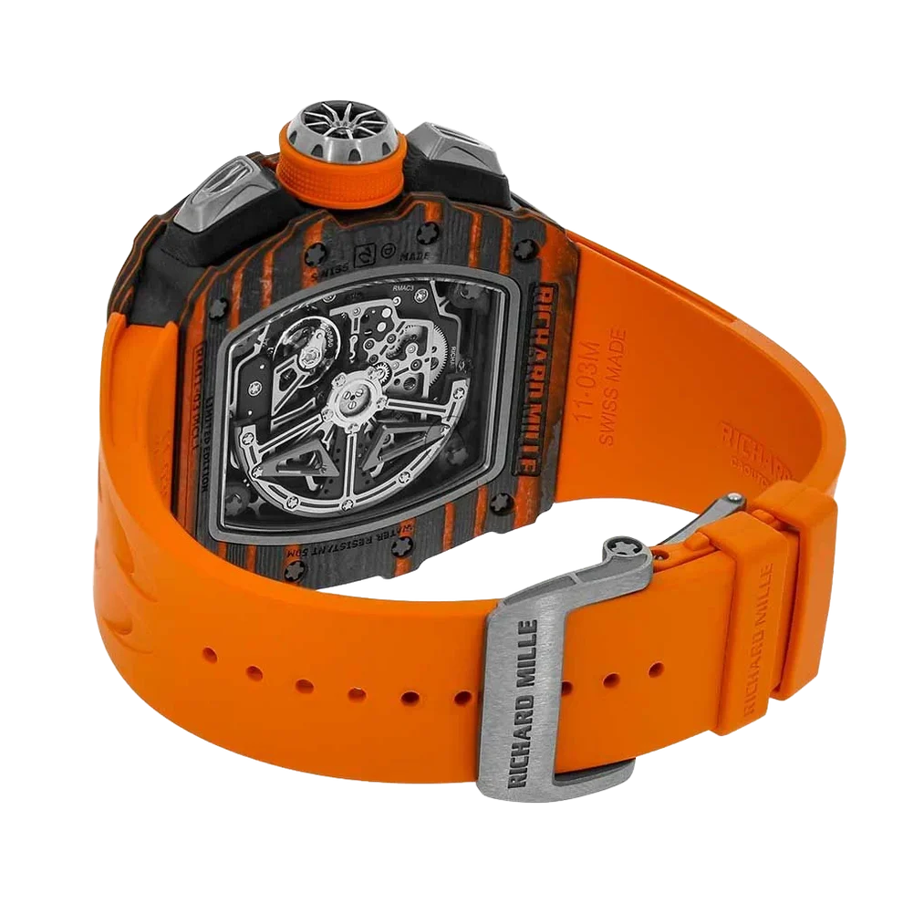 RM 11-03 McLaren Carbon TPT, Skeleton Dial, Orange Strap, 50 mm